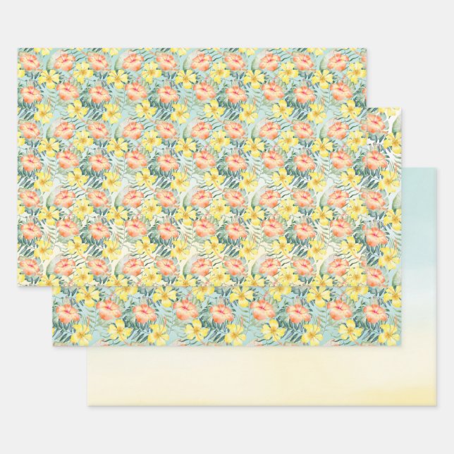 Tropical Peach Yellow Hibiscus Flowers Mint Ombre Wrapping Paper Sheets (Set)
