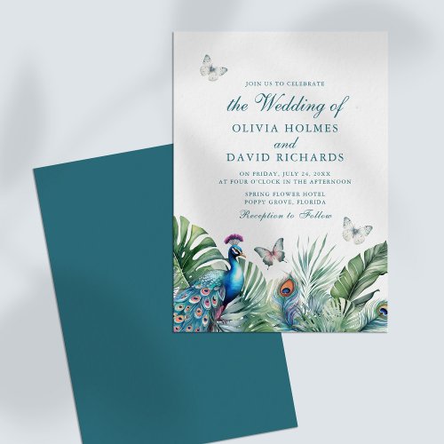 Tropical Peacock Feathers Butterflies Wedding Invitation
