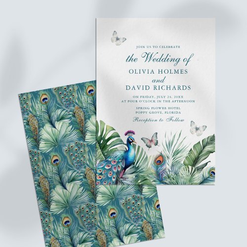 Tropical Peacock Feathers Butterflies Wedding Invitation