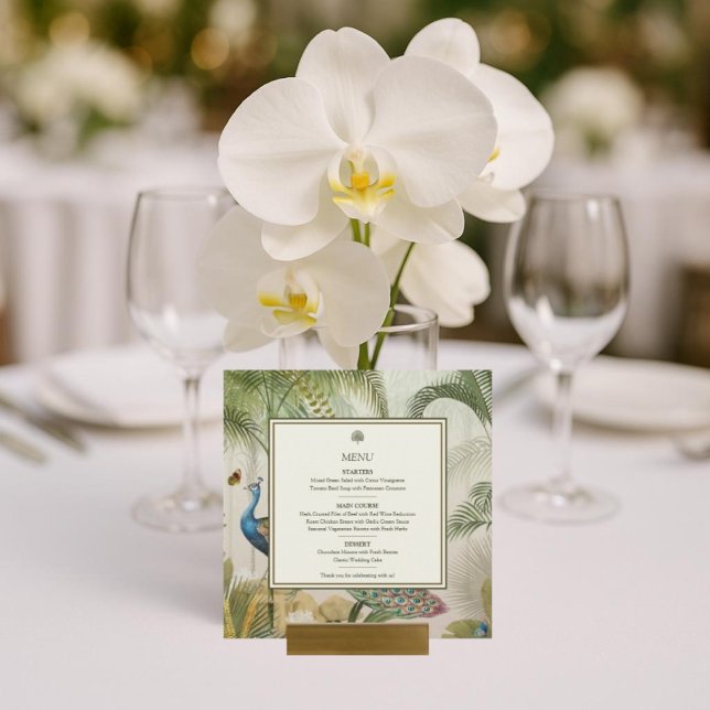 Tropical Peacock Palm Square Wedding Menu Card (Elegant Peacock & Palm Wedding Menu Card – Tropical Reception Table Decor)