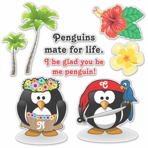 Tropical Penguins Couple Hula Pirate Coconut Trees Sticker