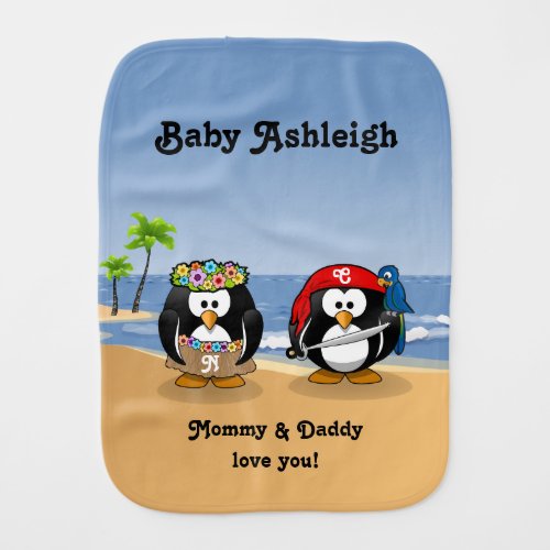 Tropical Penguins Couple Hula Pirate Island Beach Baby Burp Cloth