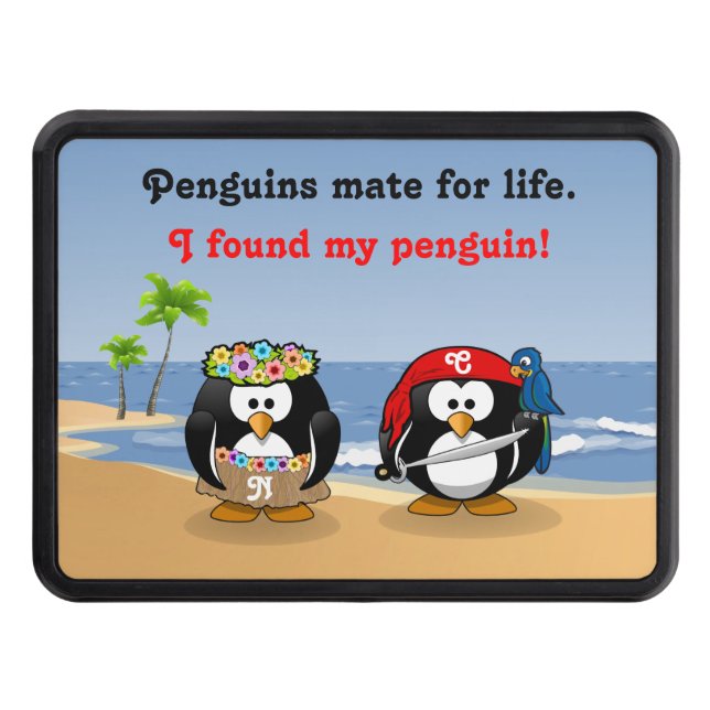 Tropical Penguins Couple Hula Pirate Island Beach Hitch Cover (Front)