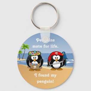 Tropical Penguins Couple Hula Pirate Island Beach Keychain