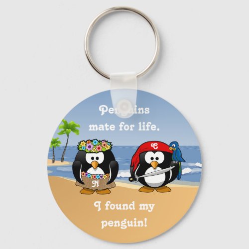 Tropical Penguins Couple Hula Pirate Island Beach Keychain