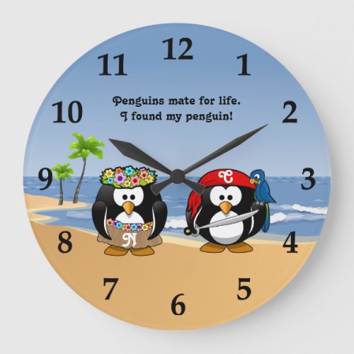 Tropical Penguins Couple Hula Pirate Island Beach Large Clock