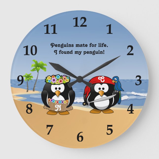 Tropical Penguins Couple Hula Pirate Island Beach Large Clock (Front)