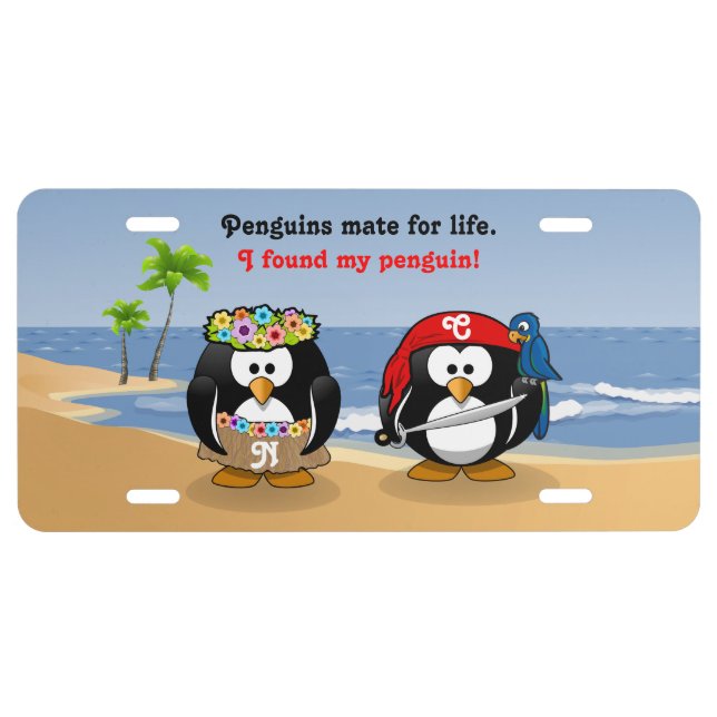 Tropical Penguins Couple Hula Pirate Island Beach License Plate (Front)