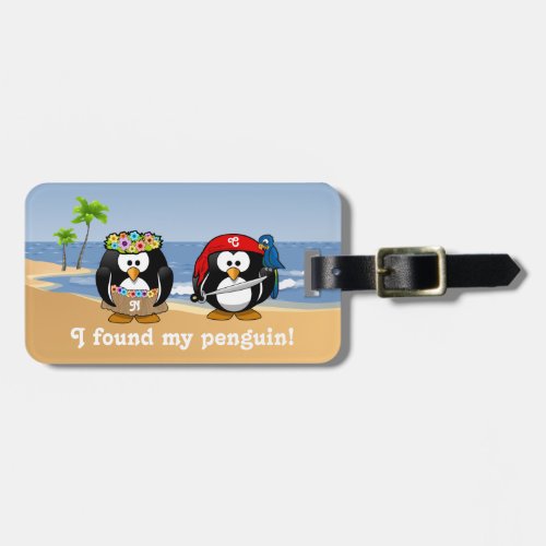 Tropical Penguins Couple Hula Pirate Island Beach Luggage Tag