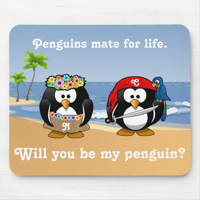 Tropical Penguins Couple Hula Pirate Island Beach Mouse Pad (Front)