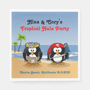 Tropical Penguins Couple Hula Pirate Island Beach Paper Napkins