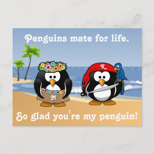 Tropical Penguins Couple Hula Pirate Island Beach Postcard