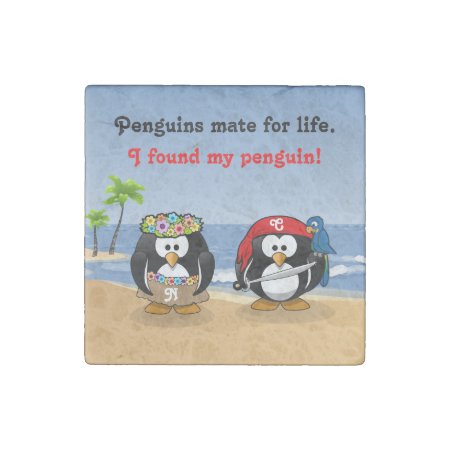 Tropical Penguins Couple Hula Pirate Island Beach Stone Magnet
