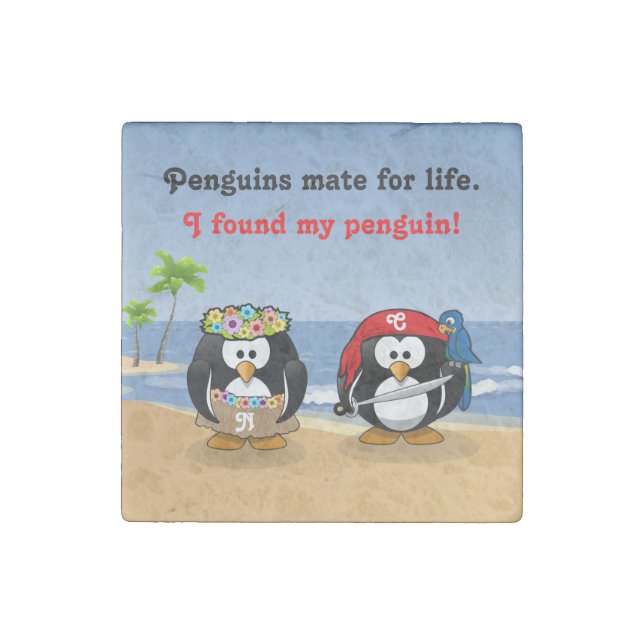 Tropical Penguins Couple Hula Pirate Island Beach Stone Magnet (Front)