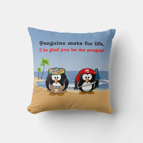 Tropical Penguins Couple Hula Pirate Island Beach Throw Pillow