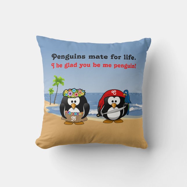 Tropical Penguins Couple Hula Pirate Island Beach Throw Pillow (Front)