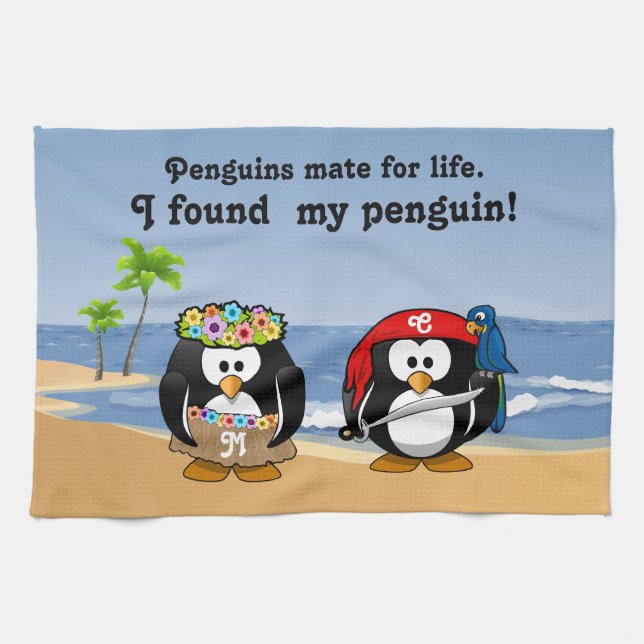 Tropical Penguins Couple Hula Pirate Island Beach Towel (Horizontal)