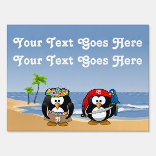Tropical Penguins Couple Hula Pirate Island Beach Yard Sign