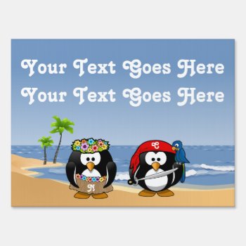 Tropical Penguins Couple Hula Pirate Island Beach Yard Sign by colorfulcreatures at Zazzle