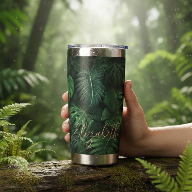 Tropical Personalized Monstera Gold Script Name Insulated Tumbler (Creator Uploaded)