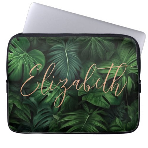 Tropical Personalized Monstera Gold Script Name Laptop Sleeve