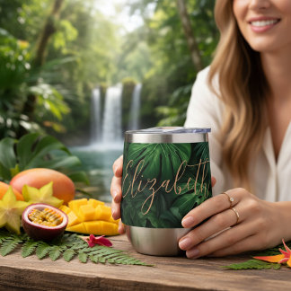 Tropical Personalized Monstera Gold Script Name Thermal Wine Tumbler