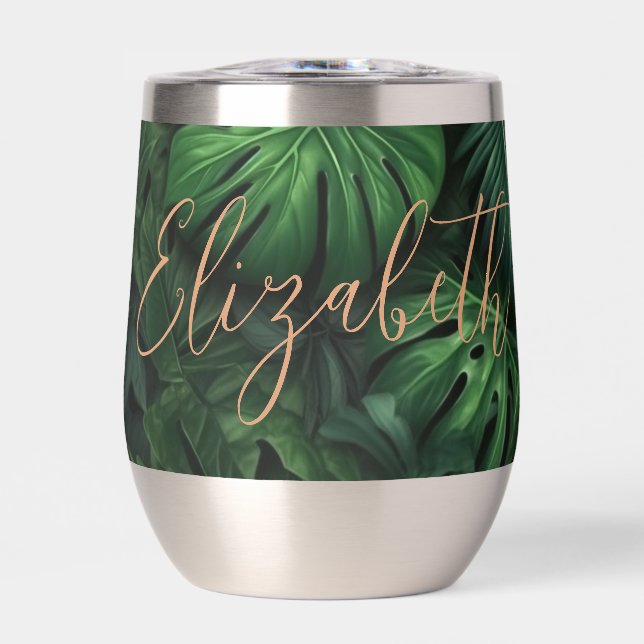 Tropical Personalized Monstera Gold Script Name Thermal Wine Tumbler (Front)