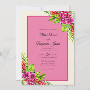 Tropical Petal Pink Hibiscus Eucalyptus Wedding Invitation