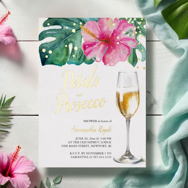 Tropical Petals and Prosecco Bridal Shower Foil Invitation (bridal shower invitations tropical pink flowers gold foil brunch invitations)