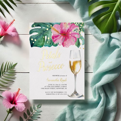 Tropical Petals and Prosecco Bridal Shower Foil Invitation