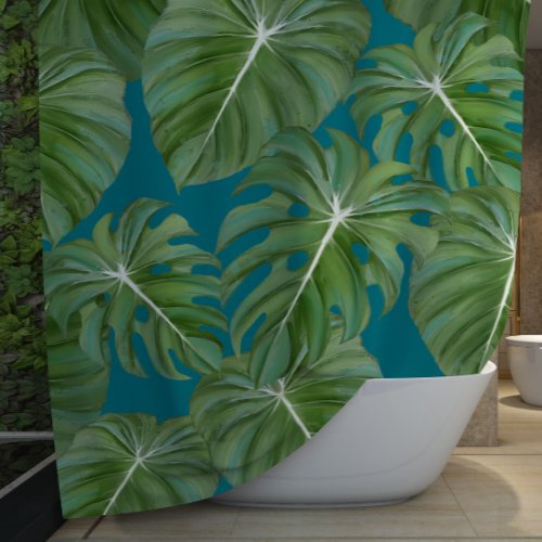 Tropical Philodendron Elephant Ear Peacock Blue Shower Curtain