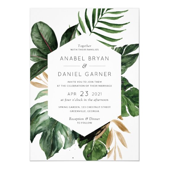 Tropical Philodendron Palm Leaves Modern Wedding Invitation