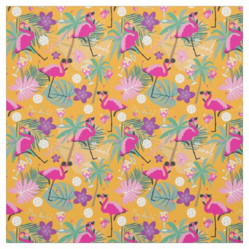 Tropical Pickleball with flamingos, yellow Fabric