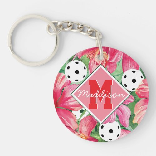 Tropical pickleball with hibiscus with name Keychain
