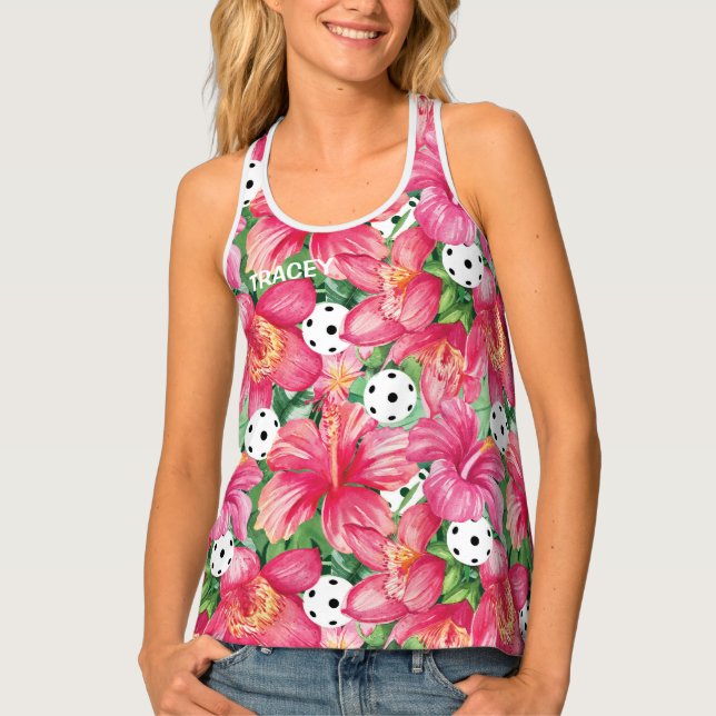 🌺🌴Tropical pickleball with hibiscus, with name Tank Top (Front)