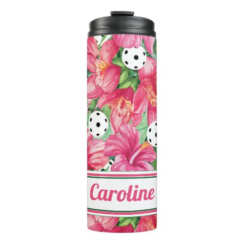 Tropical pickleball with hibiscus with name Thermal Tumbler