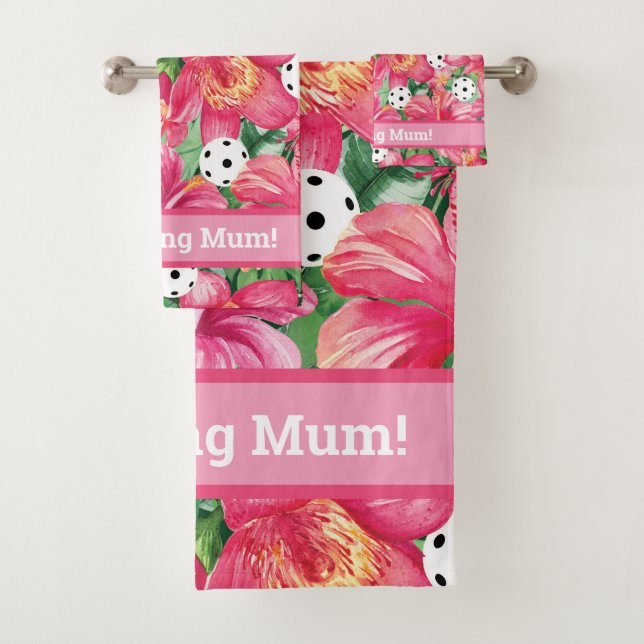 🌺🌴Tropical pickleball with hibiscus, with text   Bath Towel Set (Insitu)