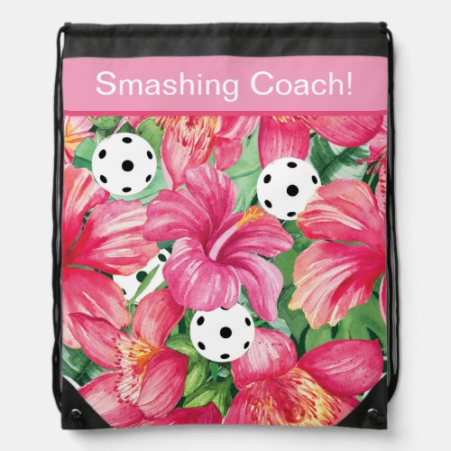 Tropical pickleball with hibiscus with text Drawstring Bag