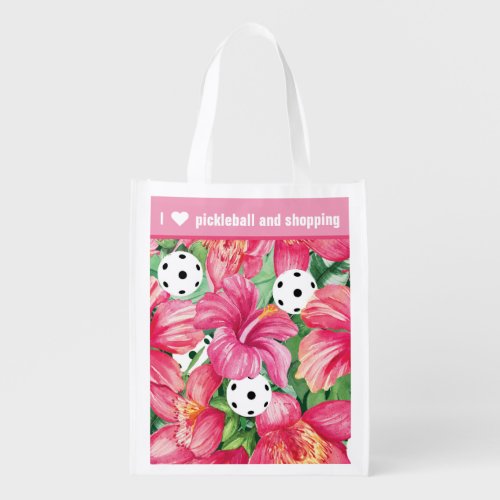 Tropical pickleball with hibiscus with text Grocery Bag