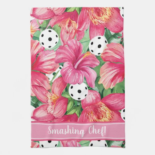 Tropical pickleball with hibiscus with text  Kitchen Towel