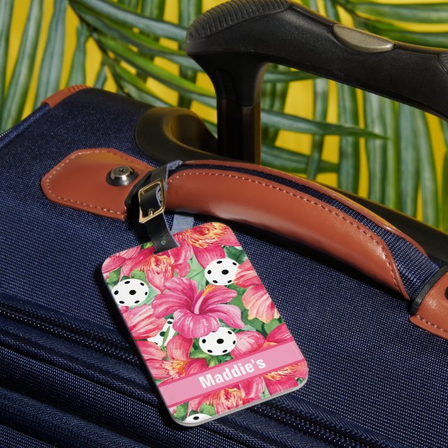 🌺🌴Tropical pickleball with hibiscus, with text  Luggage Tag (Front Insitu 1)