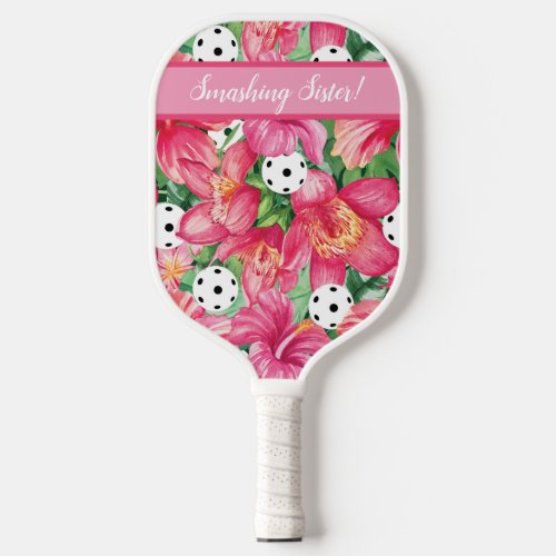 Tropical pickleball with hibiscus with text  Pickleball Paddle