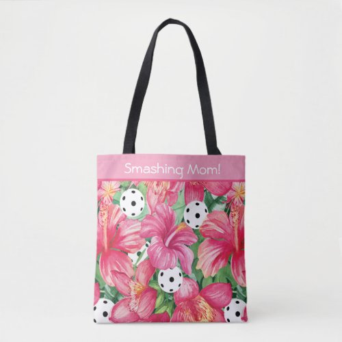 Tropical pickleball with hibiscus with text Tote Bag