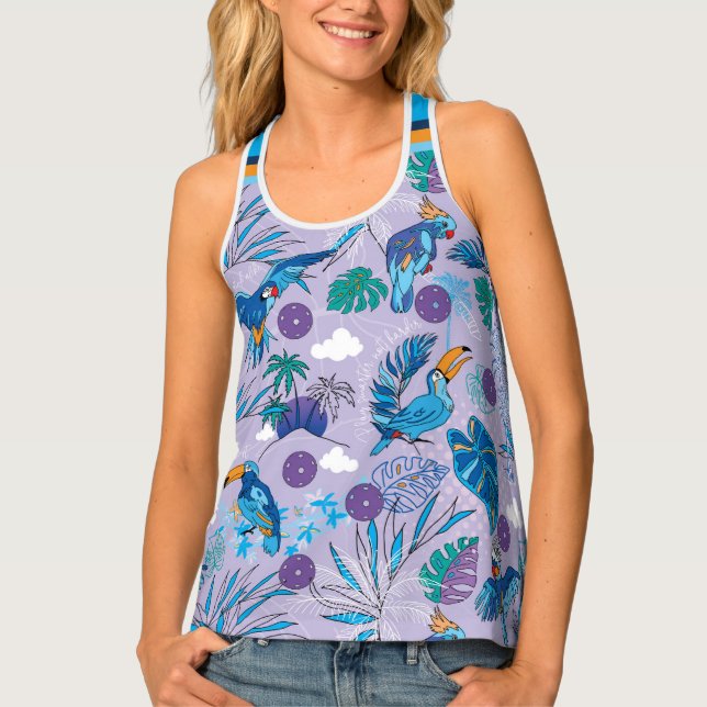 Tropical Pickleball with🦜 parrots, periwinkle  Tank Top (Front)