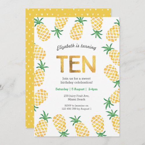 Tropical pineapple 10th Birthday Invitation