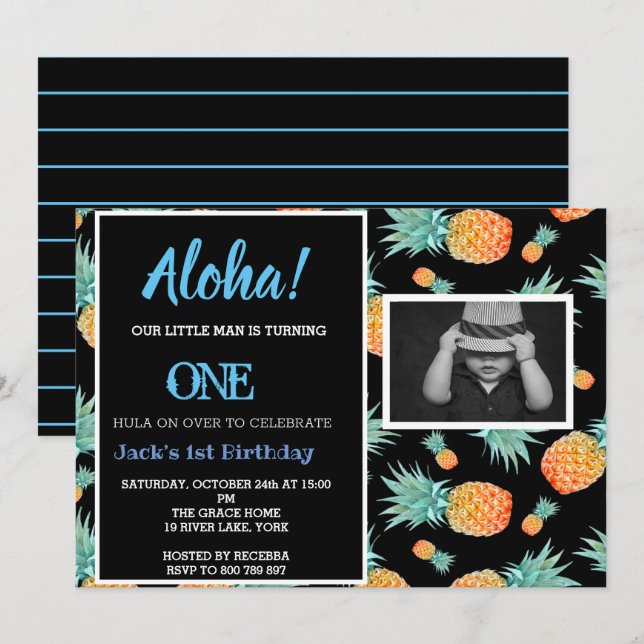 Tropical Pineapple 1st First Boy Birthday Photo Invitation (Front/Back)