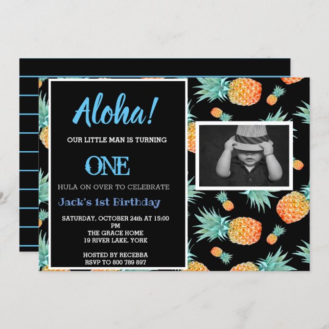 Tropical Pineapple 1st First Boy Birthday Photo Invitation (Front/Back)