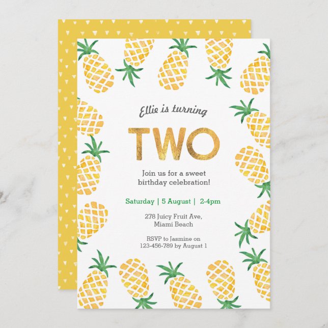 Tropical pineapple 2nd Birthday Invitation (Front/Back)