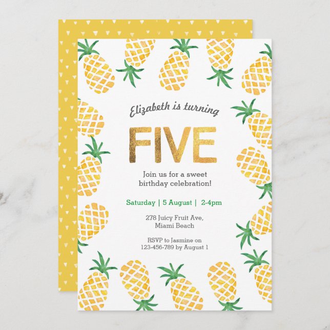Tropical pineapple 5th Birthday Invitation (Front/Back)