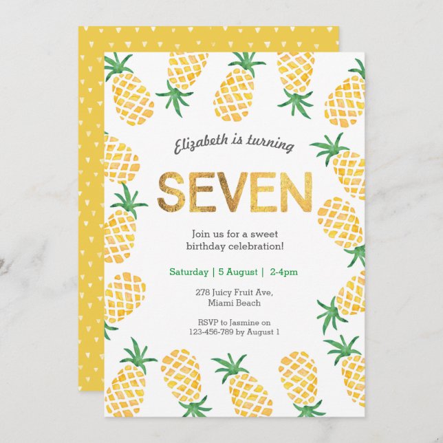 Tropical pineapple 7th Birthday Invitation (Front/Back)